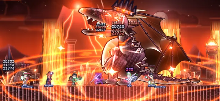 A party of heroes fighting The Cinderwyrm in The Cinderwyrm's Lair
