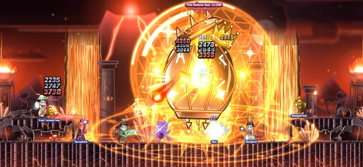 A party of heroes fighting The Hollow Sun in Crater of the Hollow Sun