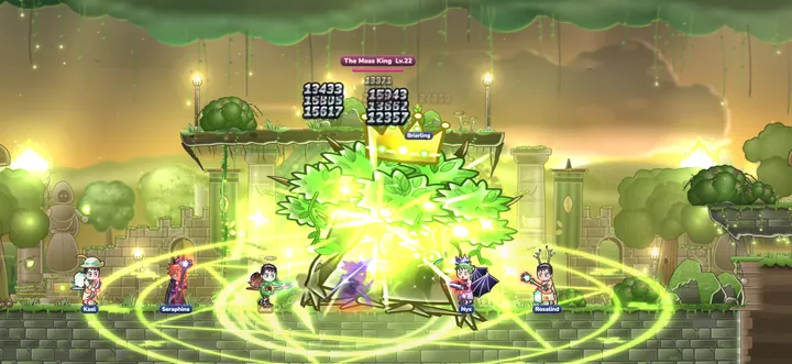 A party of heroes fighting The Moss King in The Moss King's Hollow