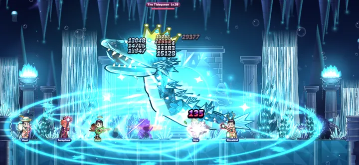 A party of heroes fighting The Tidequeen in The Tidequeen's Grotto