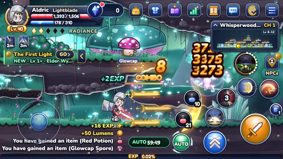 The game on a phone: thumb-stick on the left, a ring of skill buttons on the right, a combo counter and the AUTO button