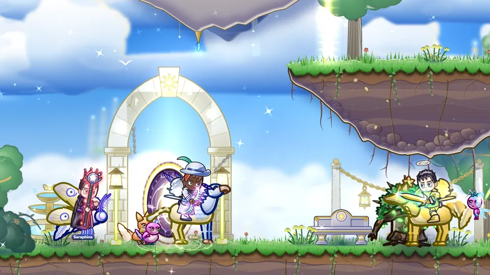 Heroes riding a winged horse and a moss beast, with pets beside them
