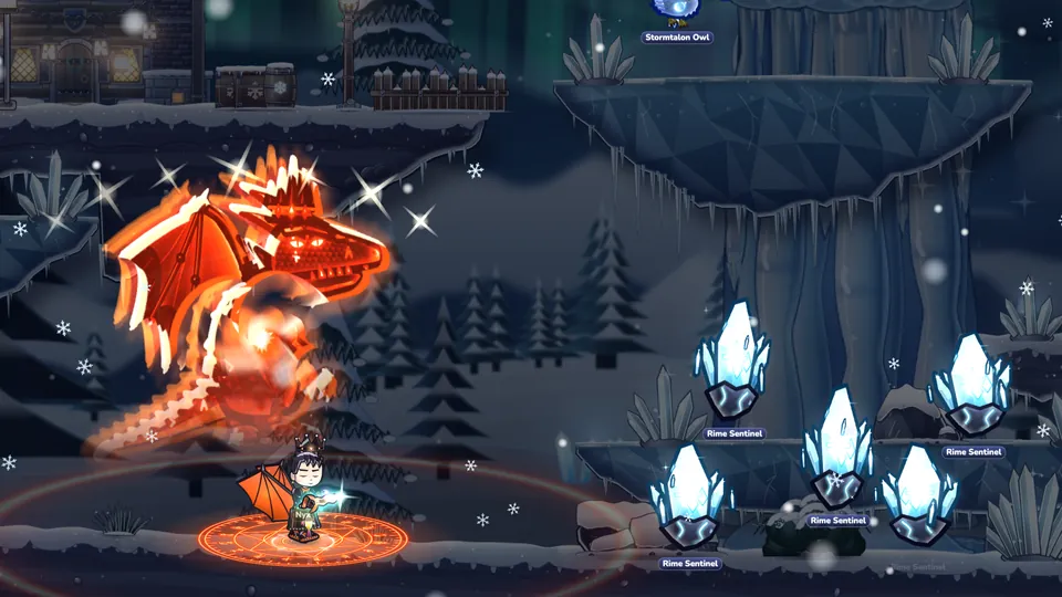 A hero summoning the soul of a fire dragon in a snowy forest