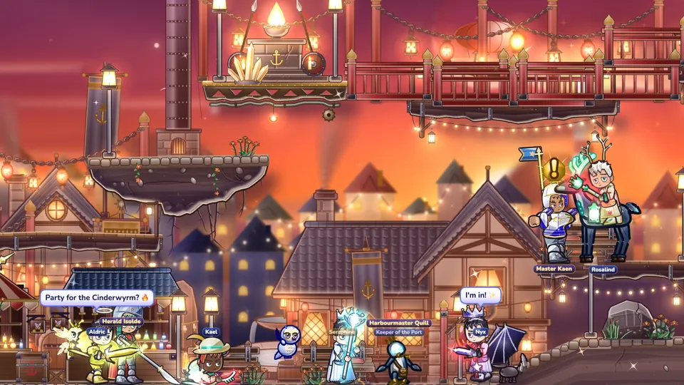 Players chatting and forming a party in the lantern-lit port town